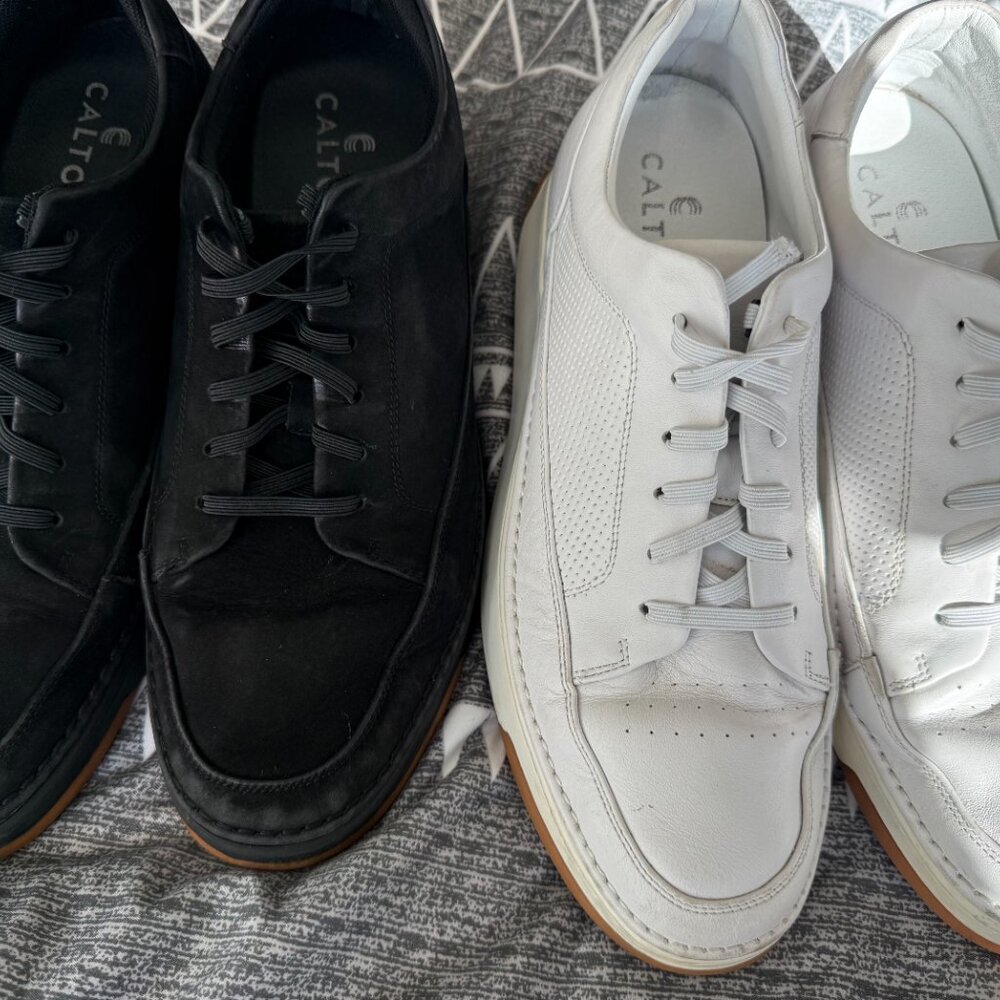 CALTO Sneakers – M11.5 (Fit 12) – White Leather + Black Suede Add 2in Height - Picture 9 of 9